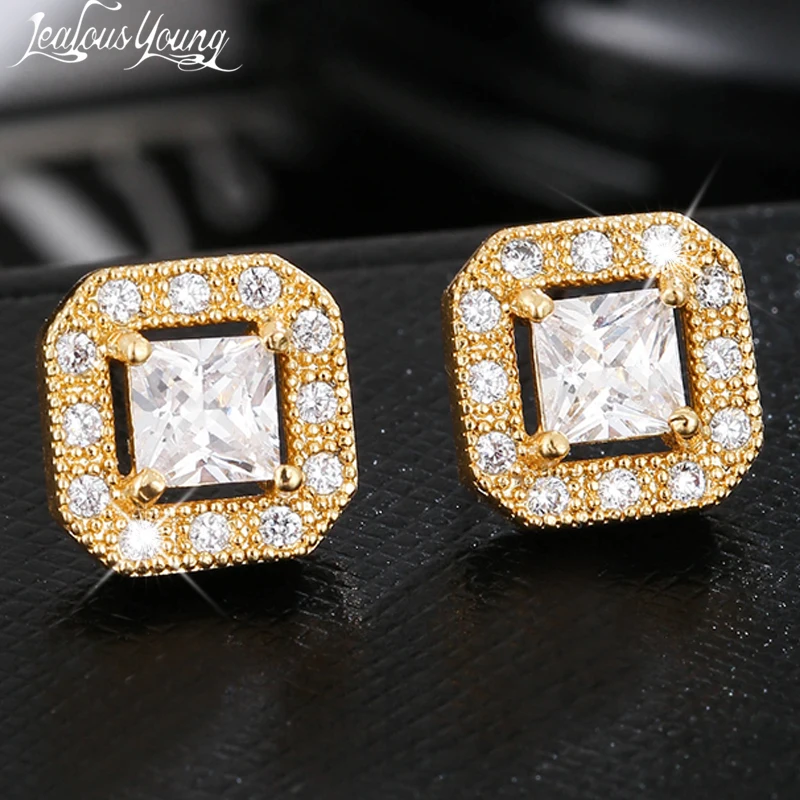 Luxury Yellow Gold Plated Square Stud Earrings Copper Microinset Zircon  Hipster Men Hip Hop Simple Jewelry Les Hommes