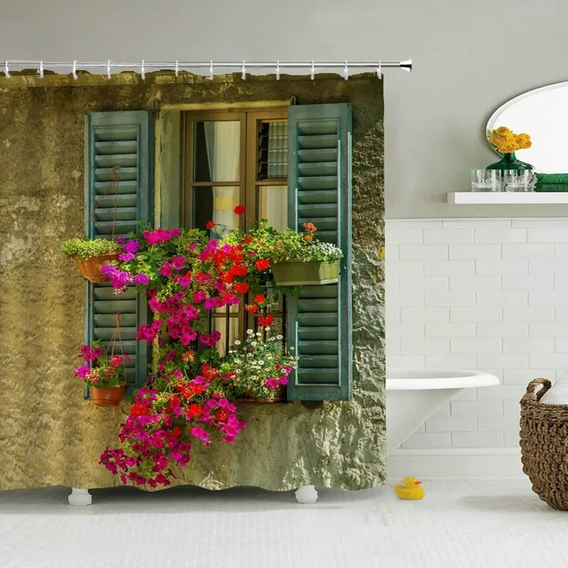 3D idyllic flowers shower curtains old wall bathroom curtain waterproof cloth decoration 180*240cm with hook Bath Curtain