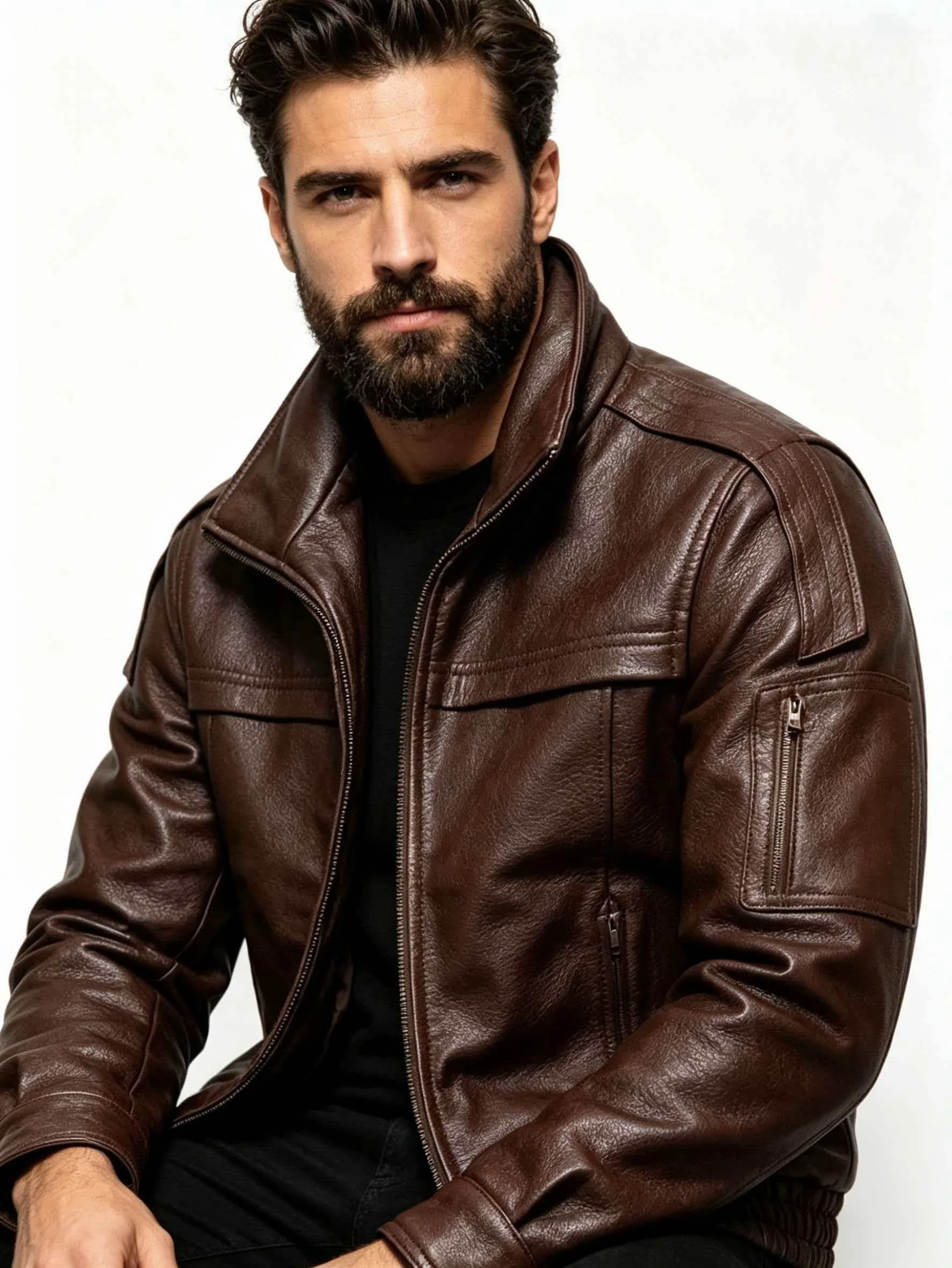 Men's Brown Leather Jacket  Vintage Flight Jacket with Stand Collar, Military Style, Front Zipper, Sleeve Pocket, Ribbed Hem