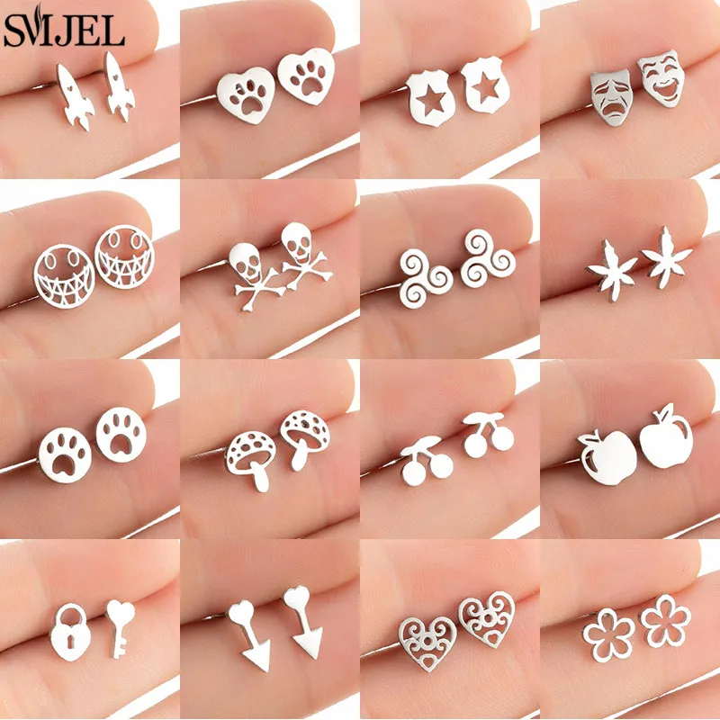 SMJEL Tiny Stainless Steel Earings Fashion Jewelry Rocket Skull Leaf Apple Cherry Earrings Women Dog Paw Ear Studs Pendientes