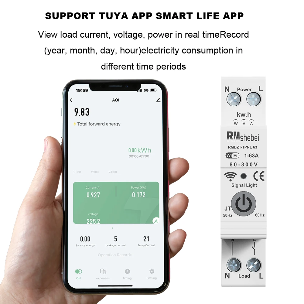 RMshebei Tuya Smart WiFi Disjuntor 1P + N 63A Interruptor de controle remoto Proteção contra sobrecarga de sobretensão e temperatura