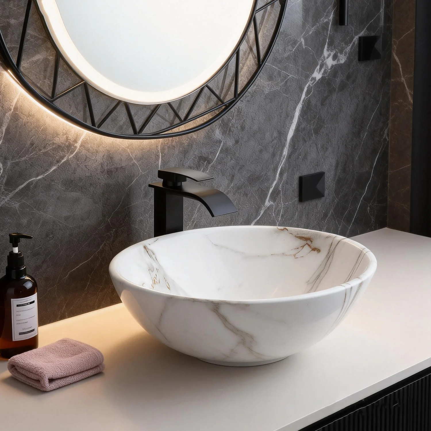Torayvino Ceramic Bathroom Vessel Basin Marbling Round Bowl Vainty Sink Above Counter with Waterfall Faucet and Pop-up Drain Set