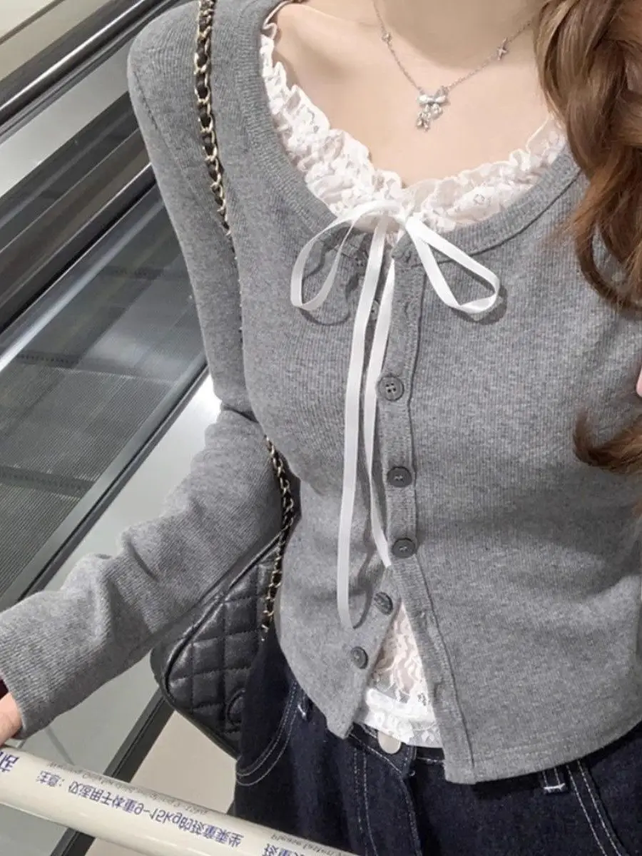 

Кружевная футболка больших размеров в стиле пэчворк ort Sve, женская осенняя уникальная изысканная футболка с прикрытием живота, длинный топ све, корейский топ для поездок на работу