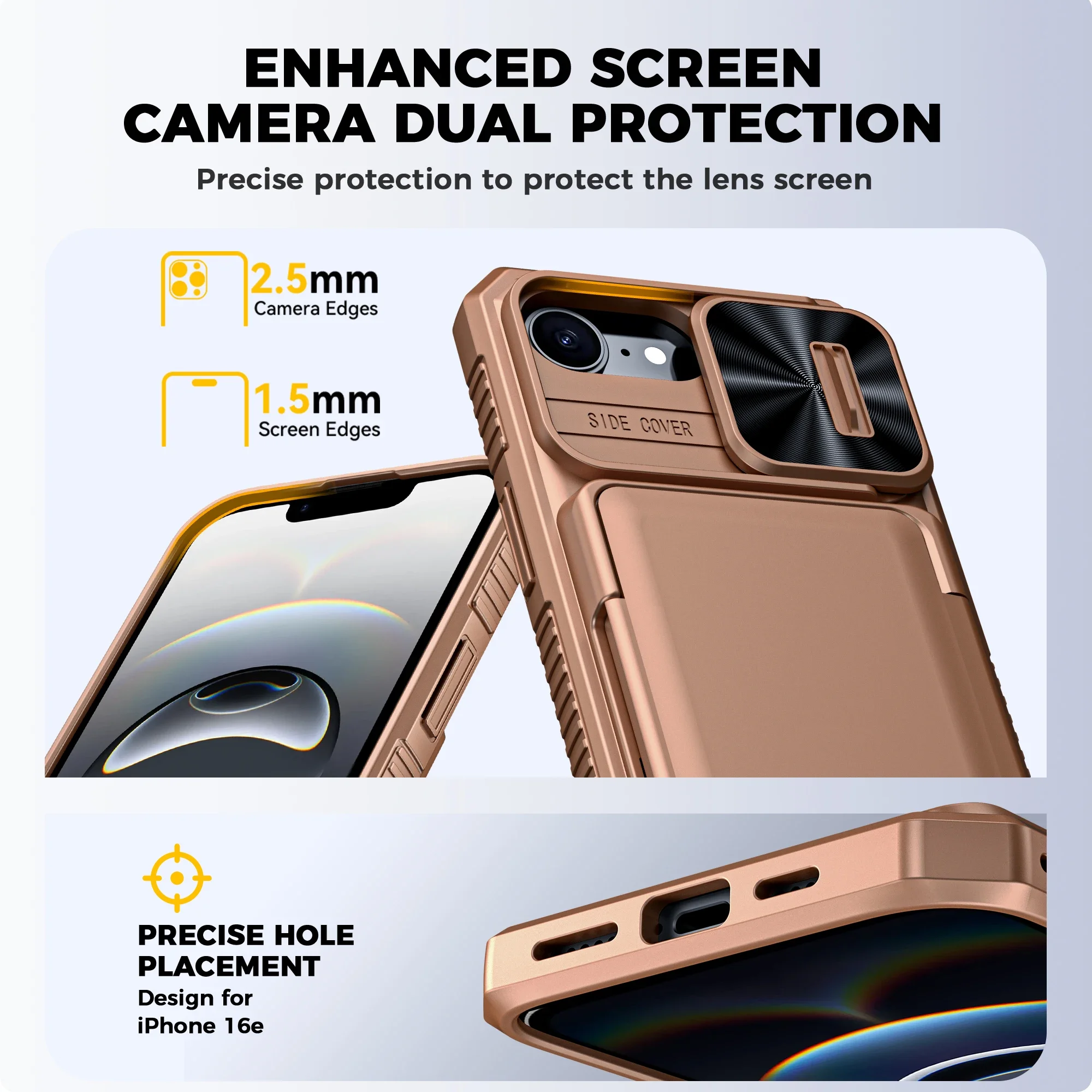 هدايا الهالوين، حامل بطاقات محفظة RFID، غطاء كاميرا، جراب هاتف واقٍ متين مقاوم للصدمات لهاتف iPhone 16 E-Gold