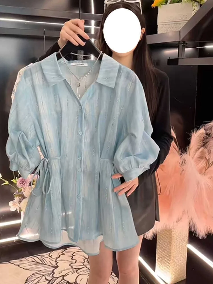 

plus Size V-Neck Dyed Waist-Cinching Short Sleeve Shirt Korean Style Commute High Waist Folded Summer Fashionable Top for Women