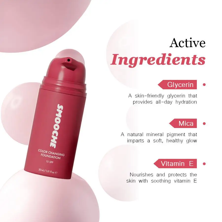 Base de Maquillaje SMOOCHE SPF15 con Cambio de Color, Autoajustable al Tono de Piel, Fórmula Ligera y Nutritiva para un Acabado Mate Natural