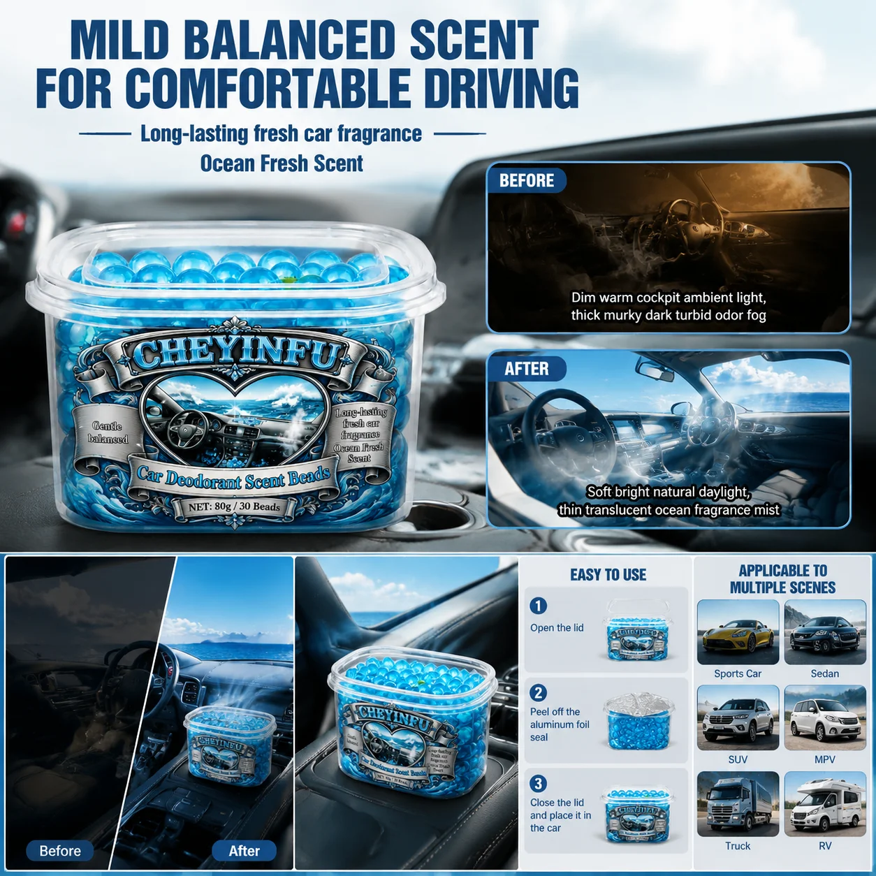 CHEYINFU Auto Deodorant Scent Beads Ocean Fresh Fragrance Cup Holder Air Freshener 80g