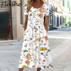 Women Vintage Floral Long Dress Boho Summer O Neck Casual Loose Pocket Short Sleeve Beach Party Dresses For Women Maxi Dress