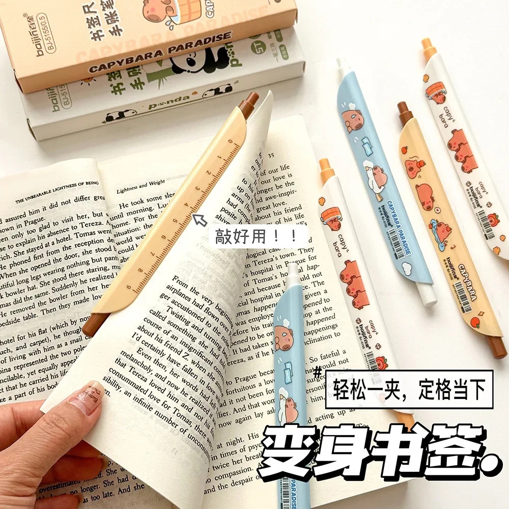 12Pcs Wholesale Creative Bookmark Ruler gel pens Novelty Cartoon Cute Panda Kapibara Elements Student Stationery Back to school