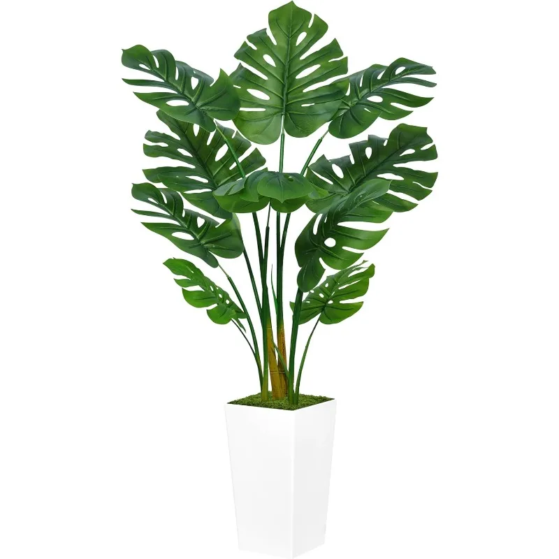 Monstera Deliciosa Plant 5FT - Faux Tropical Palm Tree with White Tall Planter - Fake Swiss Cheese Floor Plant Potted