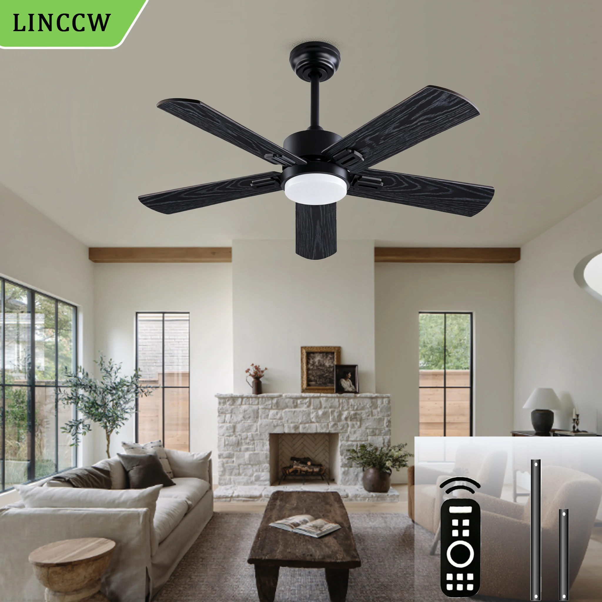 

42 52 inch black ceiling fan with light 5-blades composite wood DC motor ceiling fans variable frequency remote control