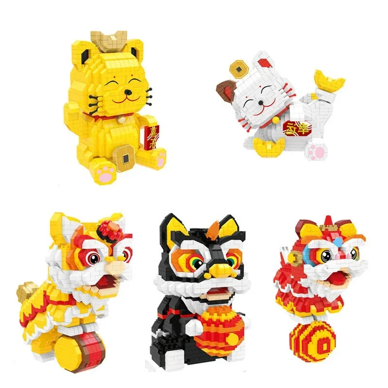 Mini blocos de construção decoração de ano novo tijolos diversão chinesa sorte dança leão fortuna gato brinquedos para crianças presente adulto