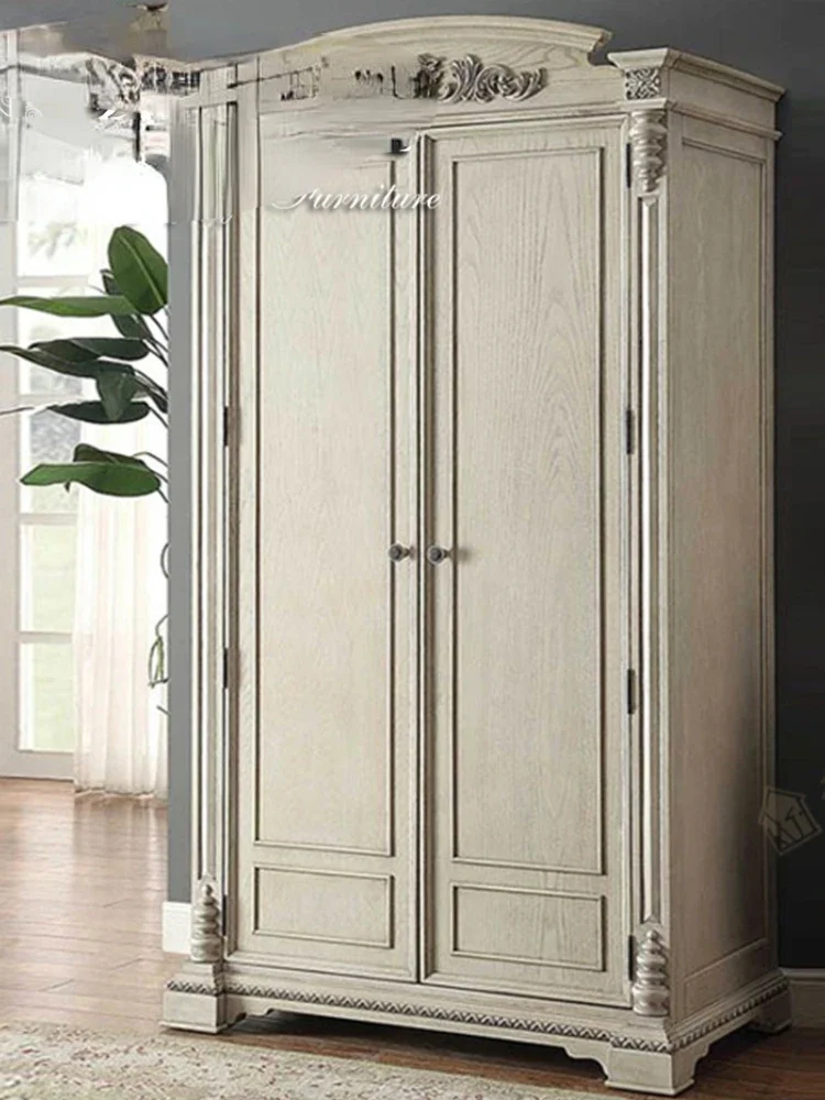 Carved French Wardrobe European Retro Distressed Bedroom Single Wardrobe Double Door Three Door Wardrobe