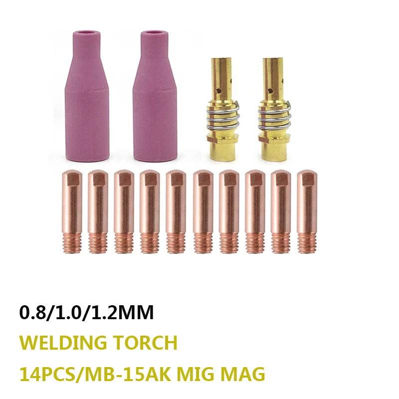 

14Pcs/Lot Welding Torch Gas Ceramic Nozzle MB-15AK Argon Arc 0.8/1.0/1.2mm Nozzle holder Contact Tip For 15AK MIG Welding Torch