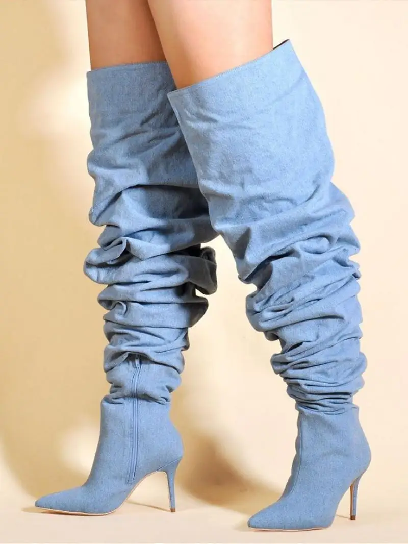 

Over The Knee Boots Blue Denim Pleated Pointed Toe Women's Thin Heeled Boots Thigh High Long Boot