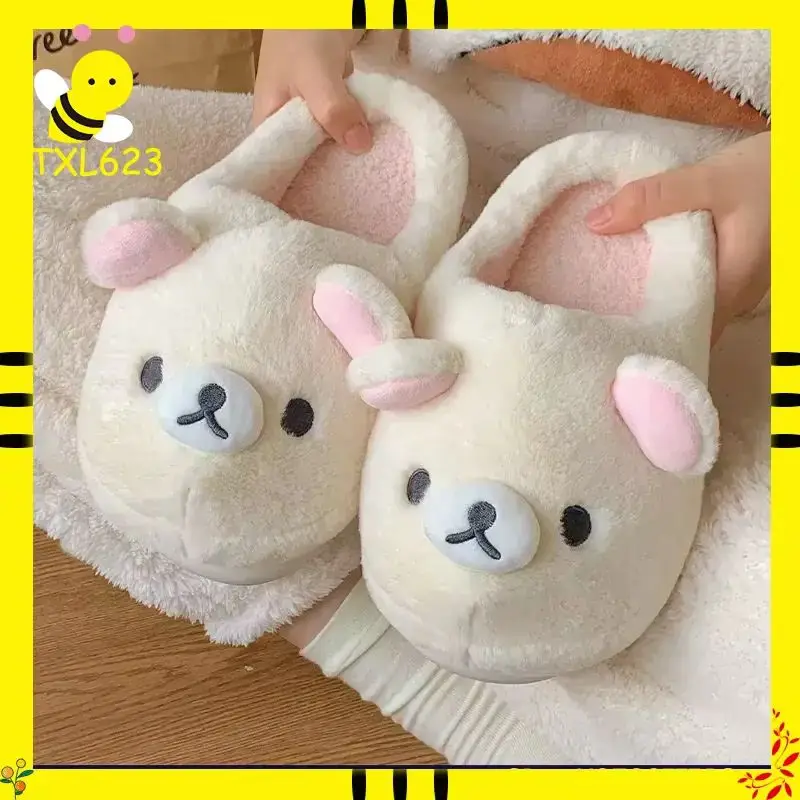 Zapatillas de algodón Kawaii Bear Rilakkuma, bonitas zapatillas planas con punta cerrada para hombres y mujeres, zapatos de invierno con dibujos animados para el hogar, calzado para parejas