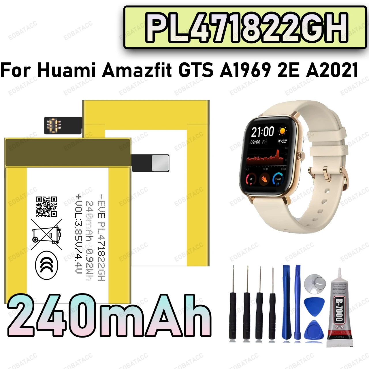 100% New Zero Cycle PL471822GH Battery For Huami Amazfit GTS A1969/2E A2021 Smart Watch Bateria +Free Tools