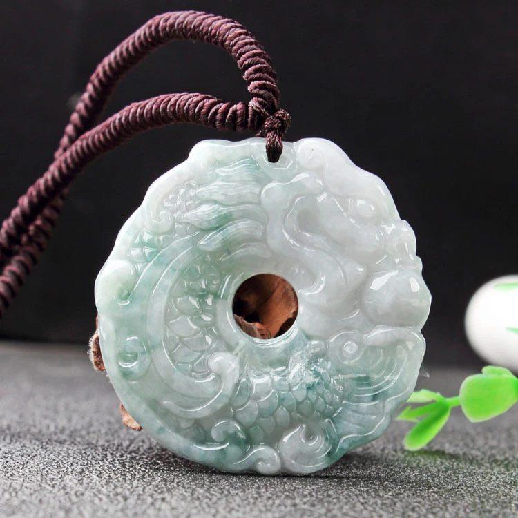 Jadeite A-grade jade pendant dragon shaped round buckle men's dragon brand jade floating blue flower violet dragon playful pearl