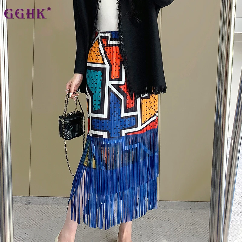 

GGHK Miyake Tassel Pleated Bustier 2025 Summer New Temperament Ageing High Waist Thin Printed Skirt Original Design Women