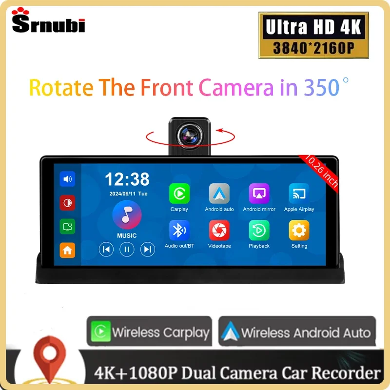 

Srnubi 10.26 Inch 4K Car Dash Cam Rearview Camera DVR Carplay Android Auto GPS Navigation Video Dashboard Mirror Monitor Dashcam