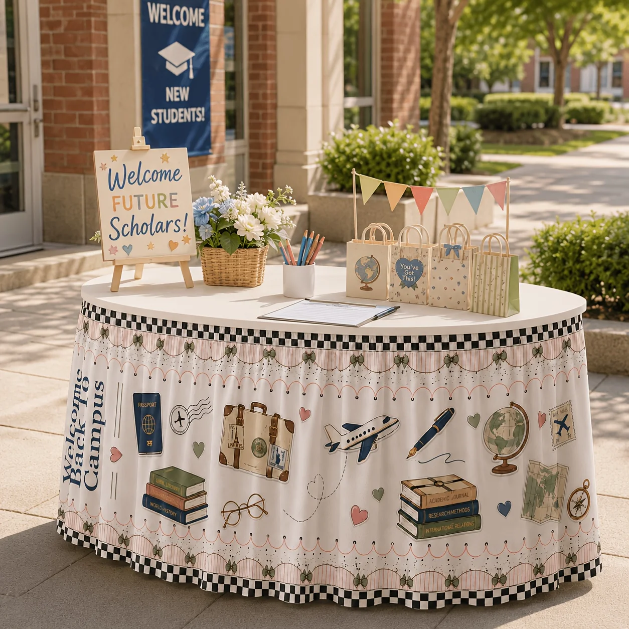 Tablecloth table skirt 1 piece, polyester. Welcome back to school. Travel globe luggage box.
