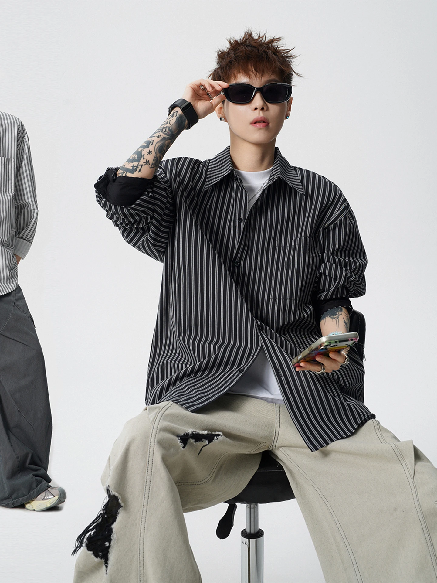 

Loose Oversize Men's Casual Striped irt Long Sve Street Sle Spring Faion Polyester Cotton Blend Workwear ket