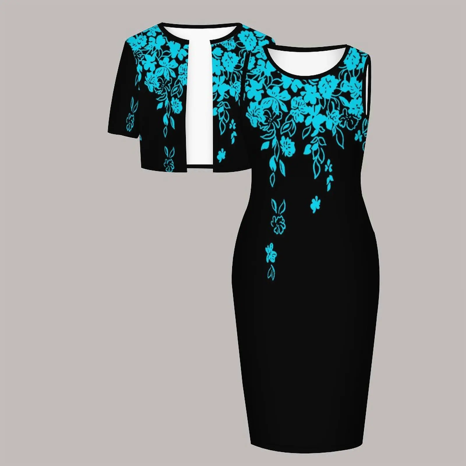 Plus Size 2pcs Women's  Round-necked Tight Skirts Fashion Short-sleeved Coat  Printed Design Two Piece Set Sleeveless Slim Skirt
