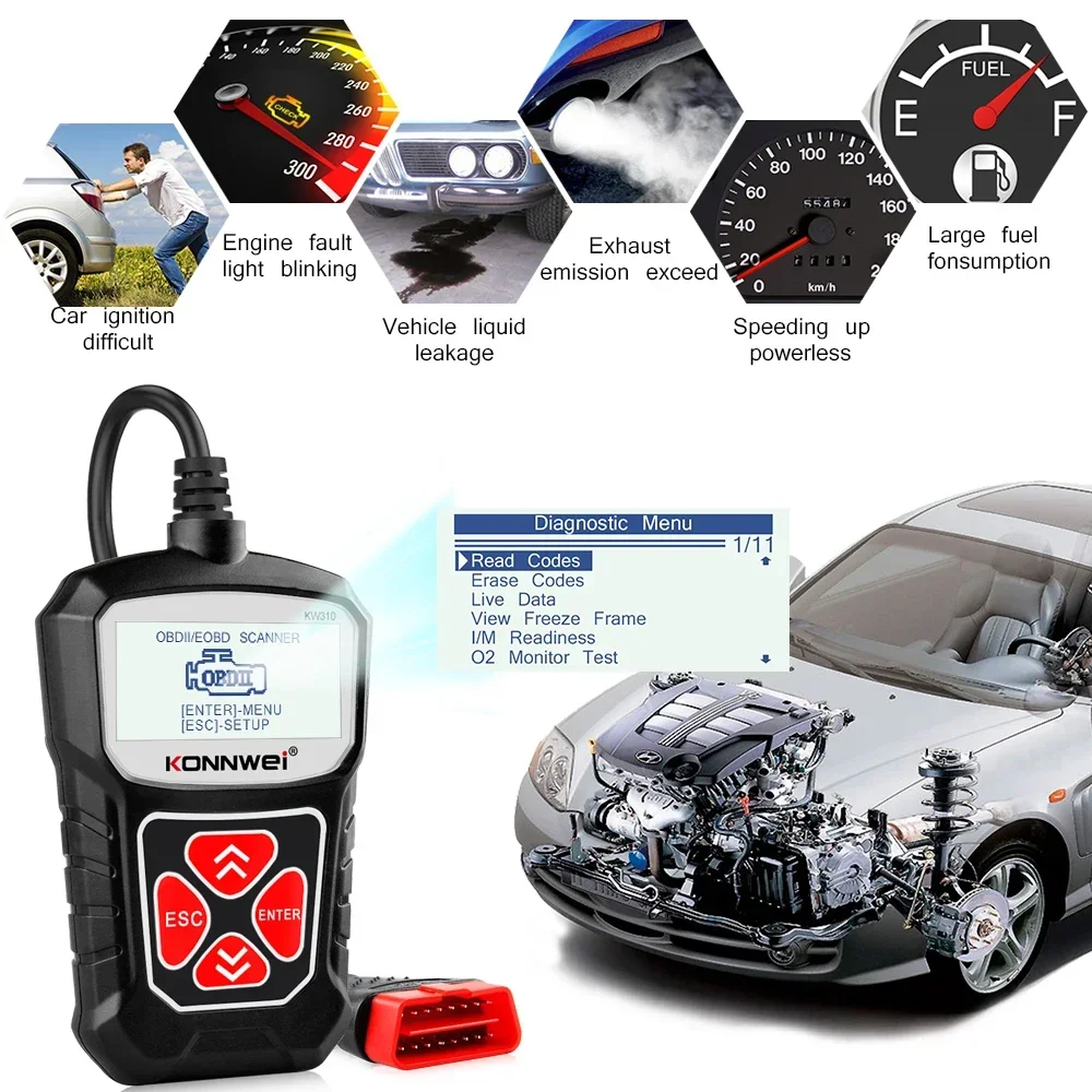 2026 Useful KONNWEI KW310 OBD2 Scanner Auto Diagnostic Tools OBDII EOBD Code Reader for 12V Car DiagnosIs PK CR3001 CR3008  ELM view 2