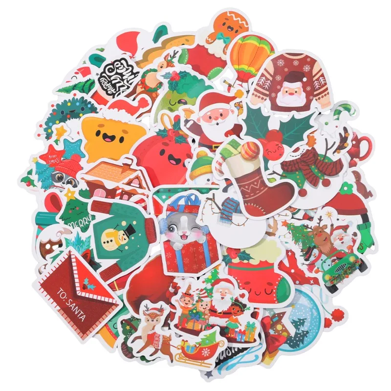 50PCS Christmas Decorative Sticker Cartoon Santa Elk Shaped Stickers Scrapbook Diary DIY Supplies Notebook Luggage Cute Decor