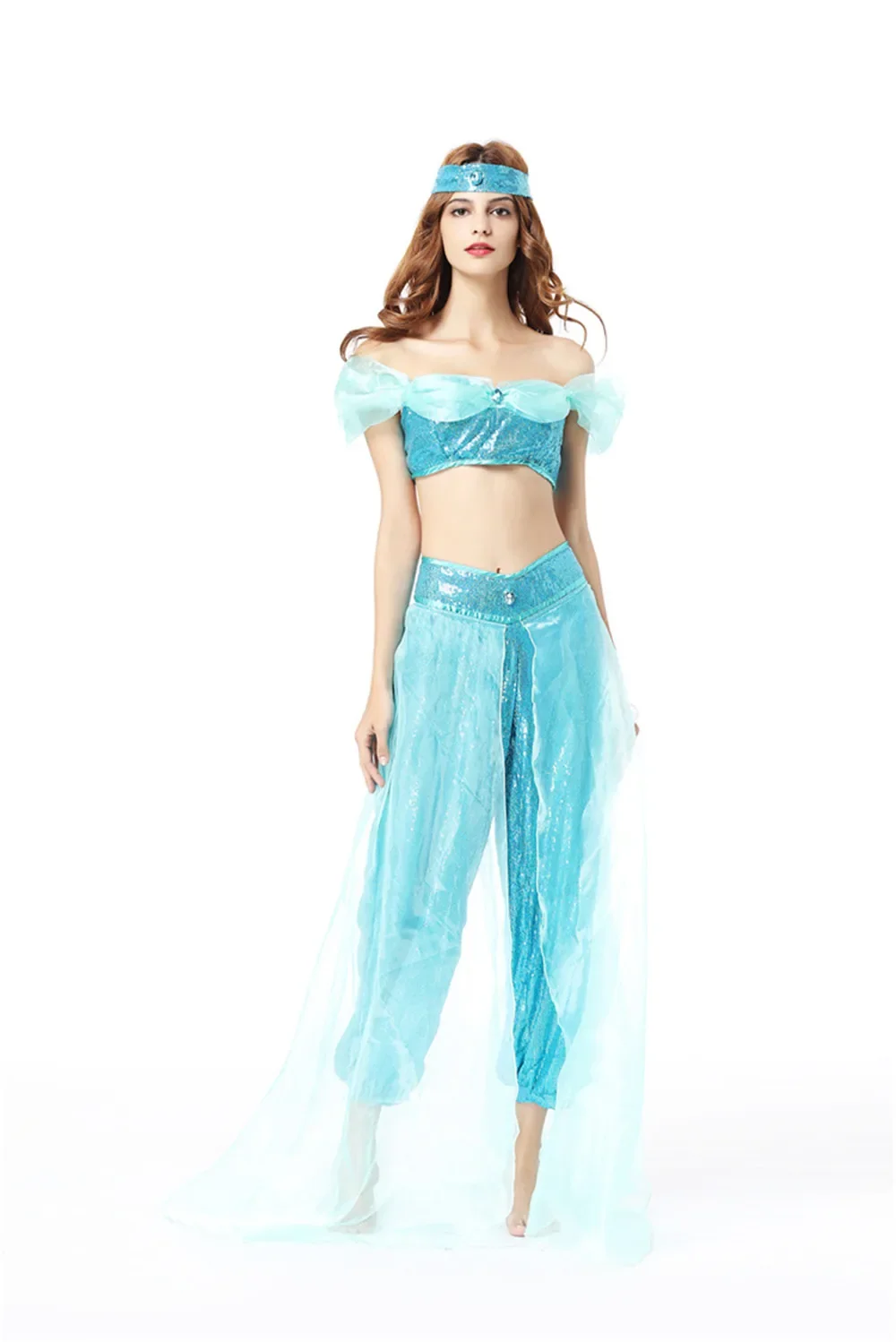 High Quality Sky Blue Aladdin Jasmine Princess Costume Sexy Indian Arabian Belly Dance Costume  halloween costume