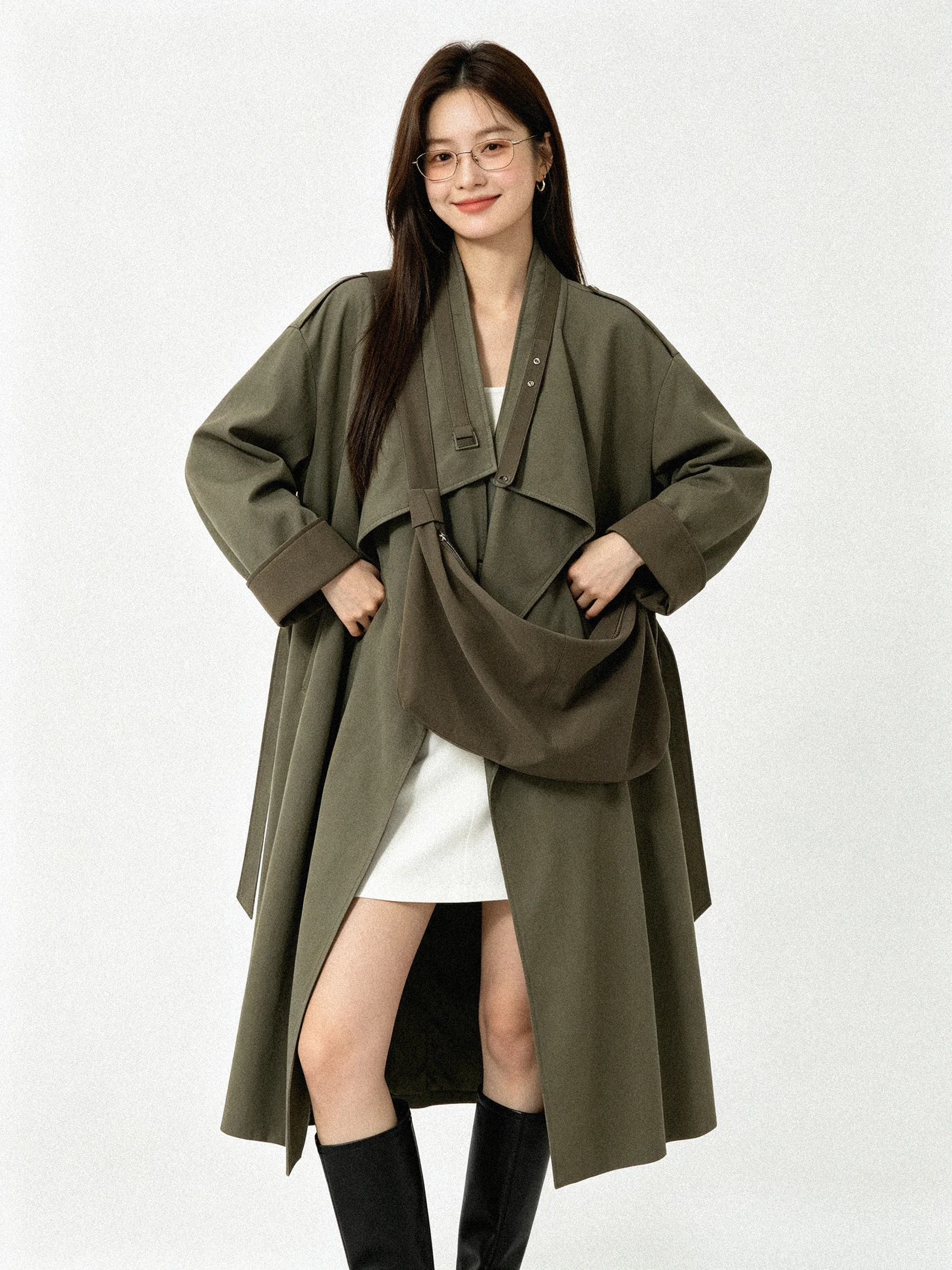 Casual Commuter Early Autumn 2026 New Korean Loose Long Coat Color Block Waist Cinched Outerwear Breathable Standard Fit Wome...