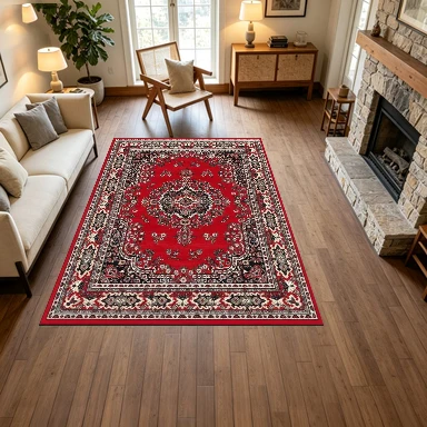 Vintage Red Traditional Persian Square Carpet Non-Slip Floor Mat, Suitable for Living Room, Bedroom, Home Decoration