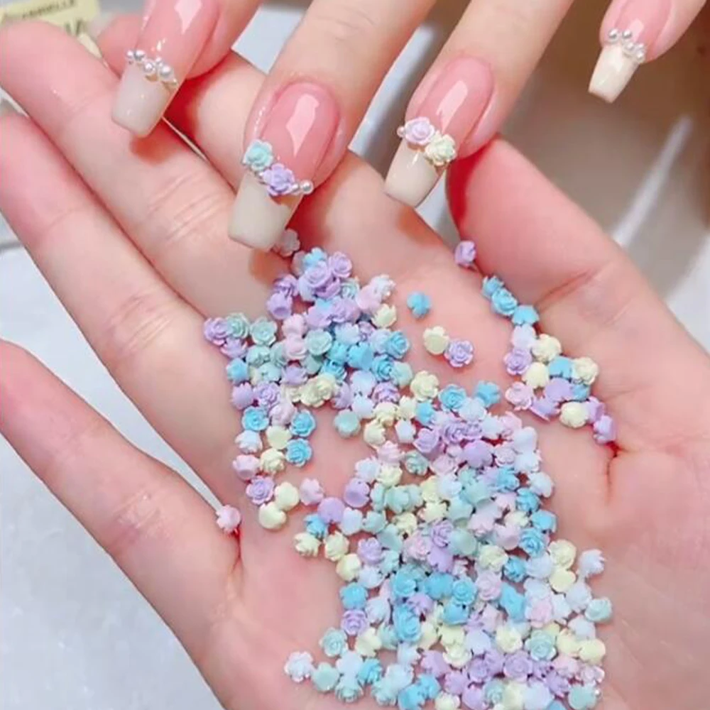 100Pcs Macarons Camellia Rhinestone Nail Jewelry 6mm Acrylic Resin Flower Charm Parts Colorful Rose Polish Accessory Nails Decor