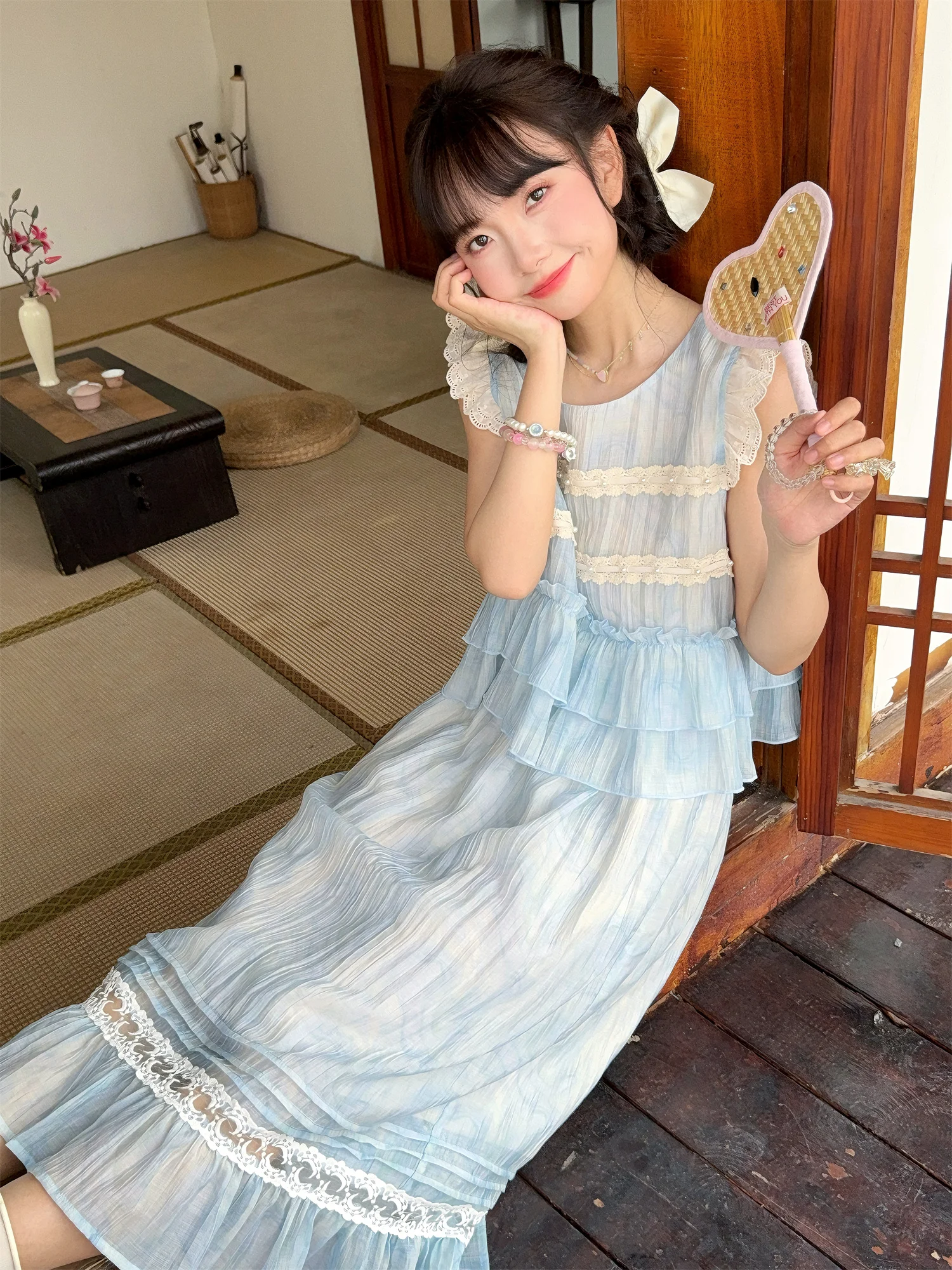 

Blue Sve Long Set Sweet Sister's Wooden Summer Faion Set Женский круглый Ne ort Sve Overhead