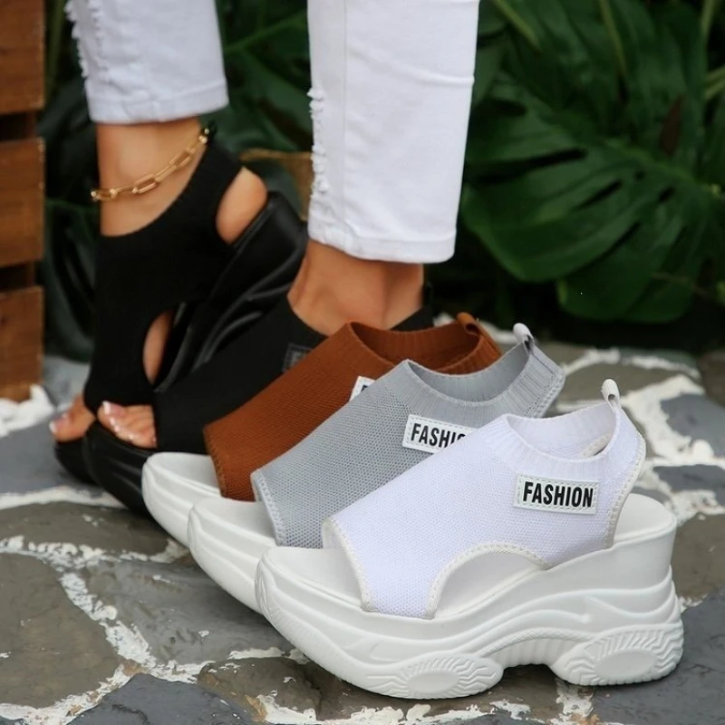 Hot Selling Women's Thick Soled Height‑increasing Wedge Sandals Summer Open Toe Elastic Fit Knit Size 36‑43 Beach Casual Sandals