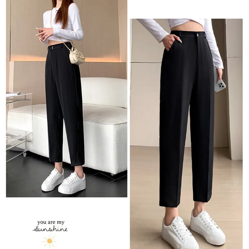 Pantalones de traje negros rectos finos para mujer, pantalones de tubo de humo casuales versátiles, moda de primavera y otoño, 9 puntos, verano,