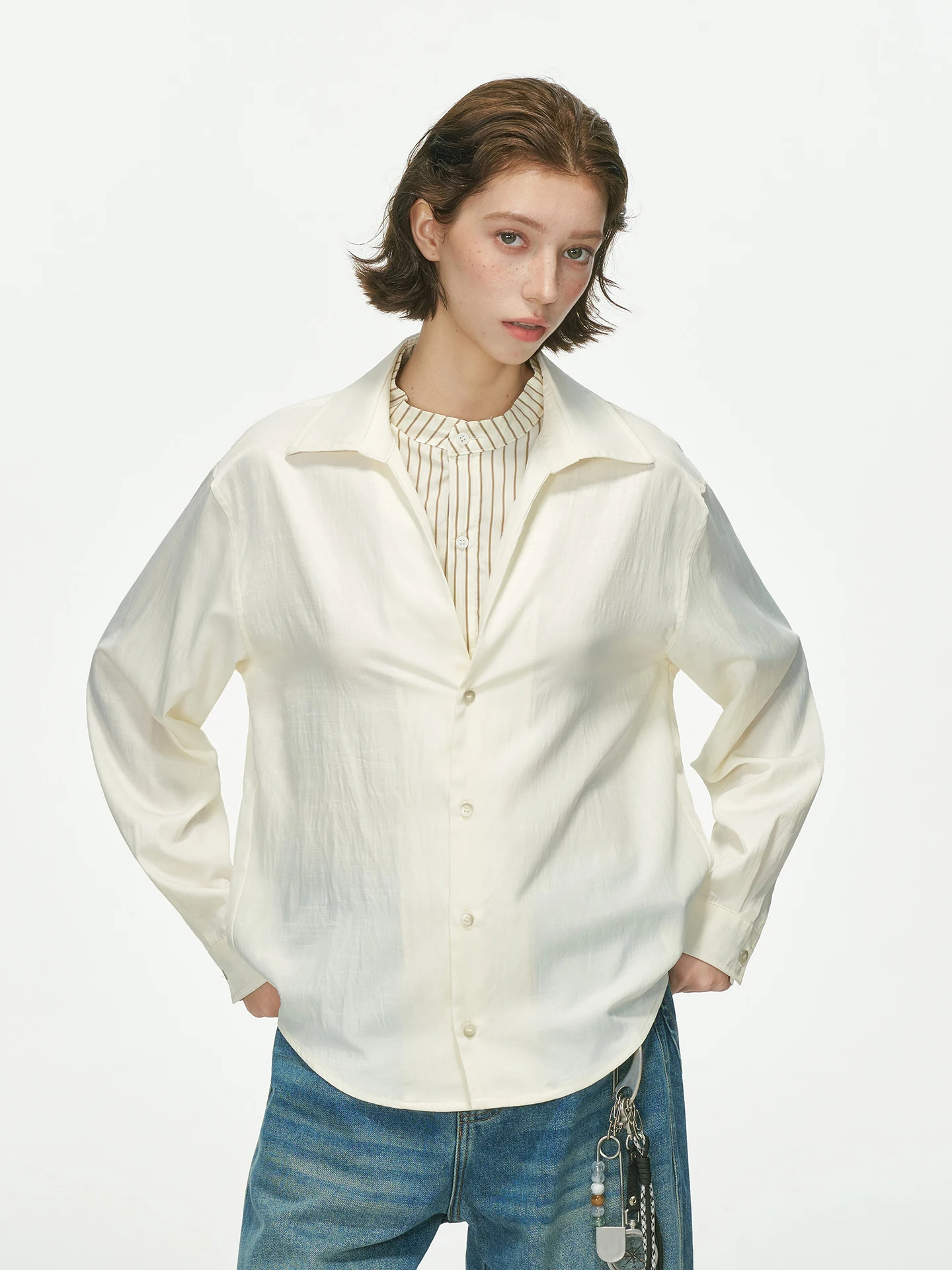 Dream Made Men's And Women's Long Sleeve Striped Commute Shirt Autumn Layering Inner Wear Loose Fit Fake Two-Piece Design