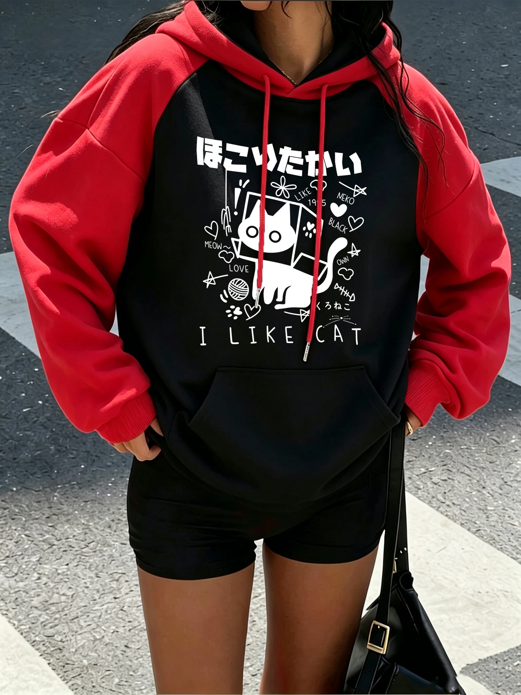 I Like Cat Heart Box Cat Print Raglan Hoody Womens Vintage Soft Hoodies Pocket Fleece Streetwear Autumn Contrast Color Hoodie