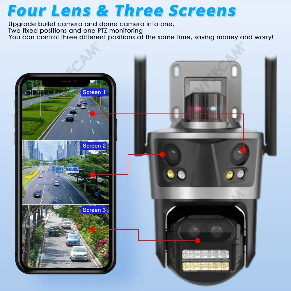 8K 16MP HD Wifi PTZ Camera Outdoor Four Lens Three Screen 8X Zoom AI Auto Tracking IP Camera CCTV Video Surveillance P2P iCSee