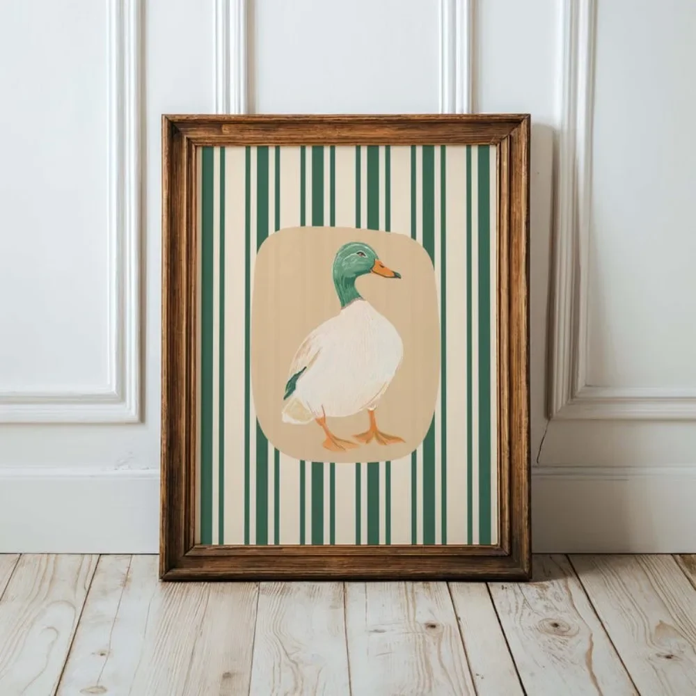 1pc frameless Canvas Painting Duck Art Print,Green Stripe Nursery Wall Art,Vintage Mallard Farmhouse Decor,Preppy Boy Room Art,C