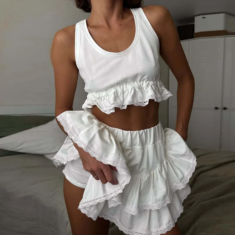 

Сексуальный укороченный топ с U-образным вырезом и рюшами, юбки трапециевидной формы, весна-лето, жилет без рукавов, костюм для женщин, модный кружевной плиссированный комплект со сращенными кружевами