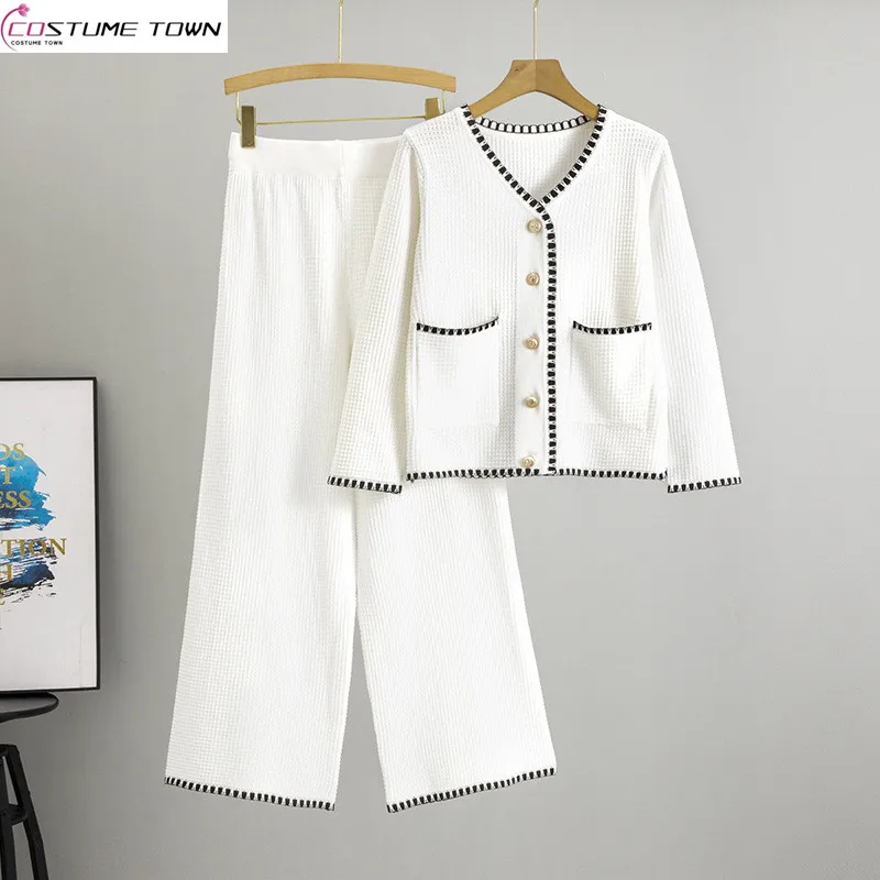 

Cross border fashion women's autumn new knitted sweater+casual wide leg pants two-piece set