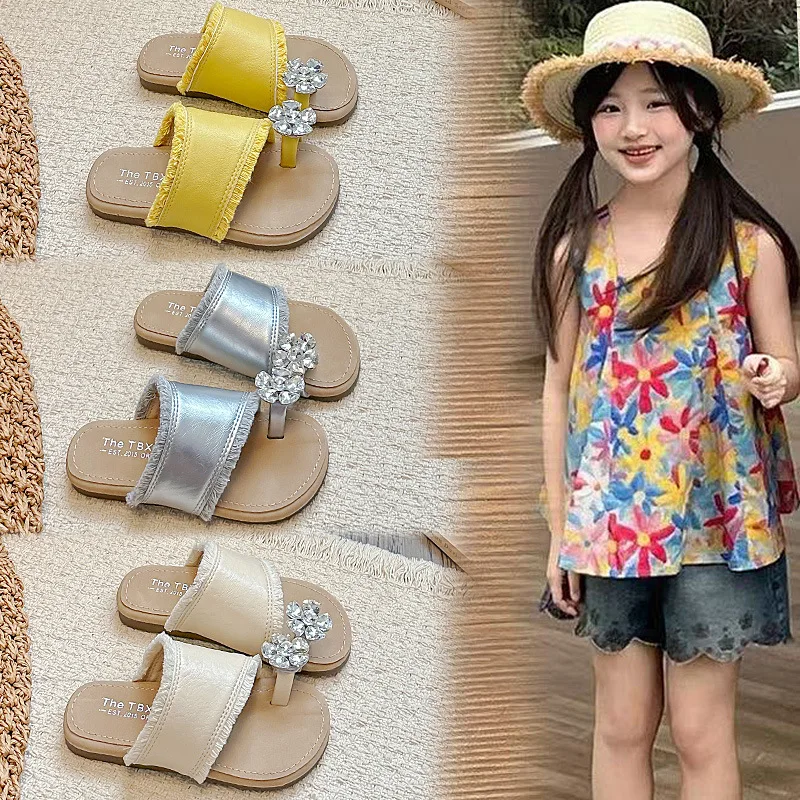 Girls Slippers Korean Style Soft Bottom Kids Sandals Versatile 2026 Summer New Children Casual Shoes Non-slip Sweet Lace