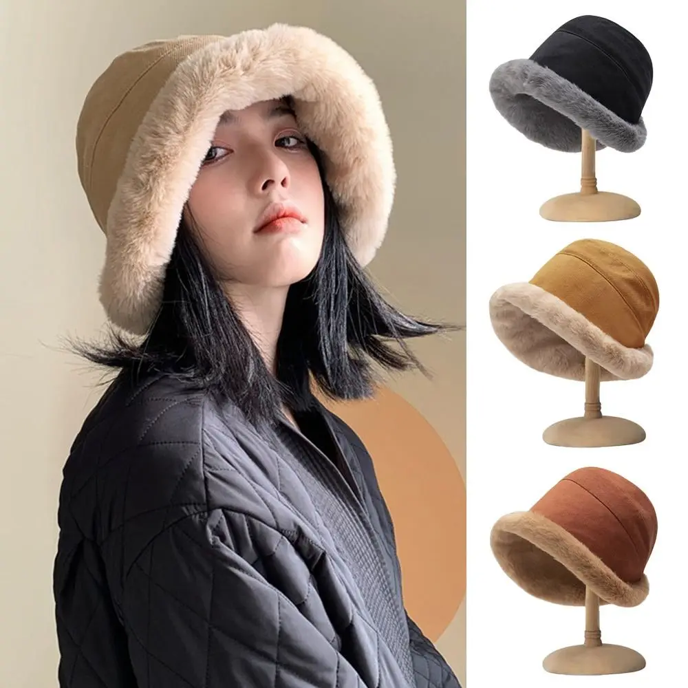 Women Winter Bucket Hat Faux Fur Warm Fisherman Cap Plus Velvet Soft Panama Hat Lady Outdoor Plush Sun Cap