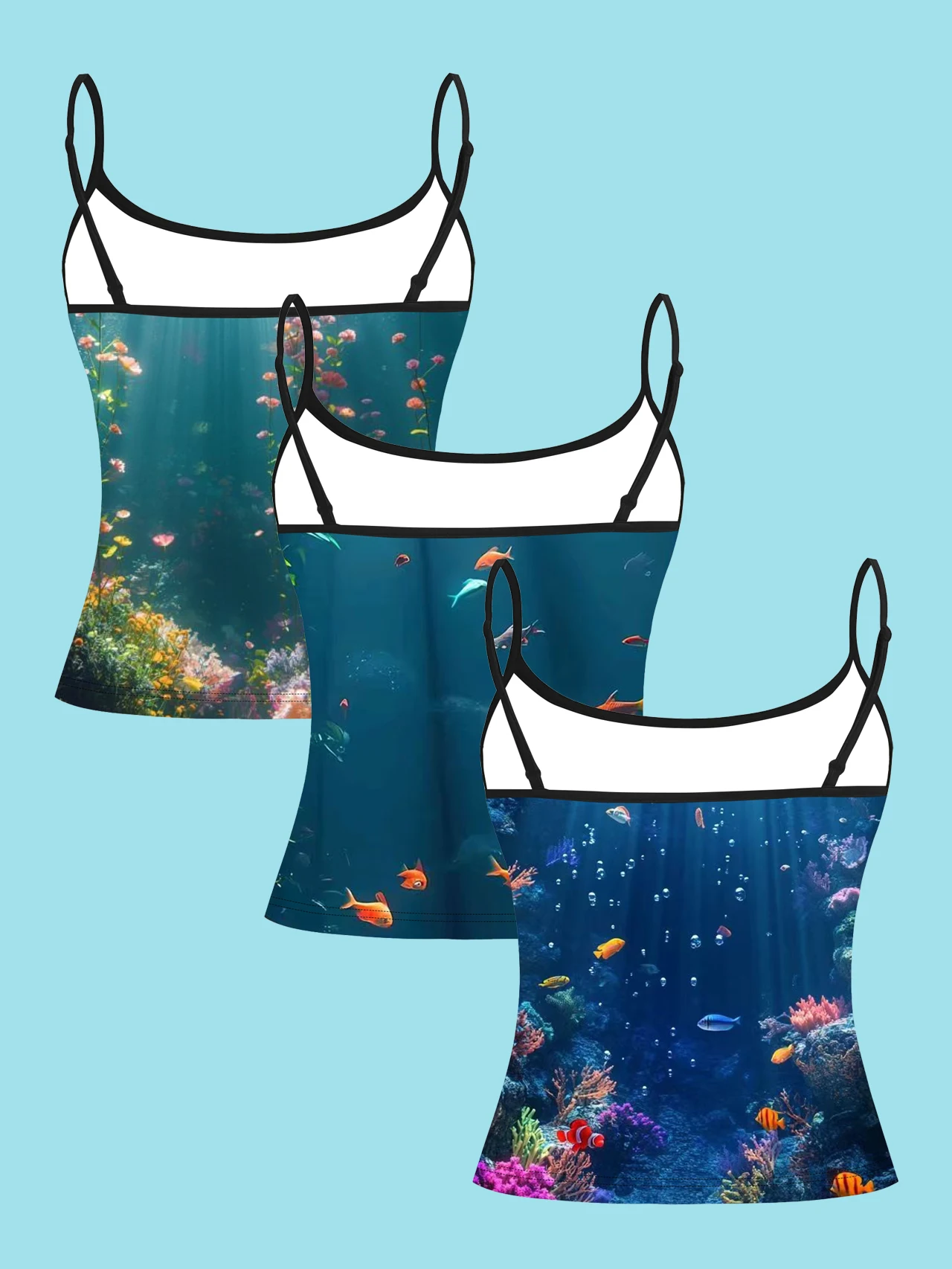 3-Pack of Women's Tank Tops with Underwater World Prints, Featuring Ocean Coral and Small Fish Patterns, Slim-Fit with Thin Straps