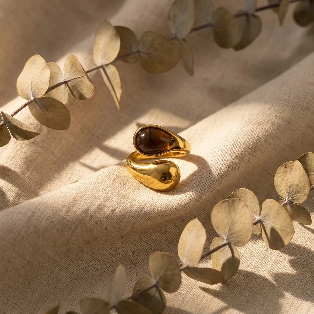 Retro Goldfarbener Unregelmäßiger Metallring für Damen und Herren Edelstahl Natürlicher Tigerauge Offener Ring Ästhetischer Dating-Schmuck – Detail 5