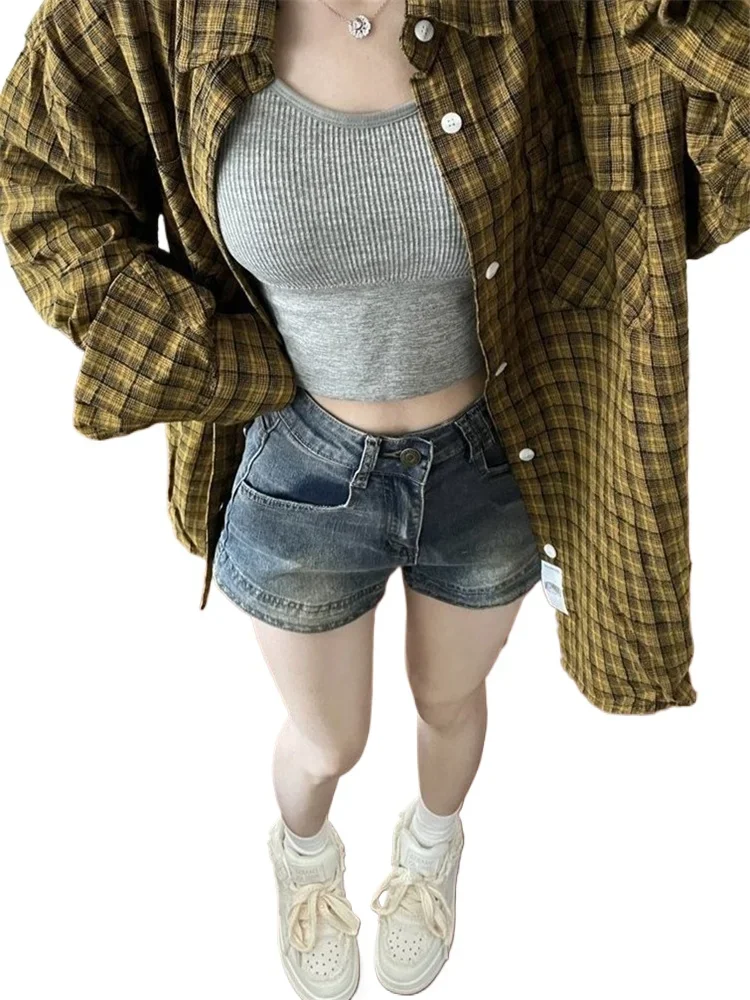 Pantaloncini di jeans blu retrò americani Pantaloncini skinny streetwear hip-hop elastici da donna Y2k 2025 Nuovi pantaloncini di jeans moda primavera estate