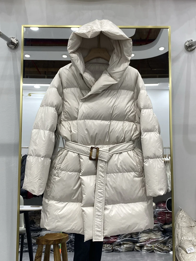 Winter Mid Length Hooded Lace Up Down Jacket Female Thicken Warm Pocket Jackets Women White Duck Down Waterproof Parker Outwears