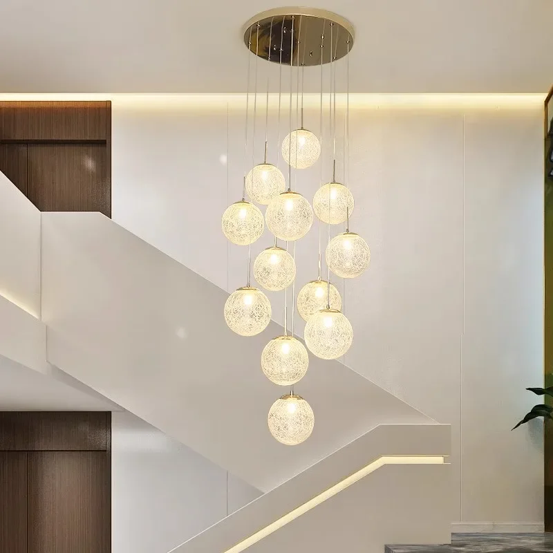 

Nordic Home Decor Minimalist Glass Ball Stair Chandelier for Villa Duplex Building Hotel Dimmable Art Line Hanging Light Fixture
