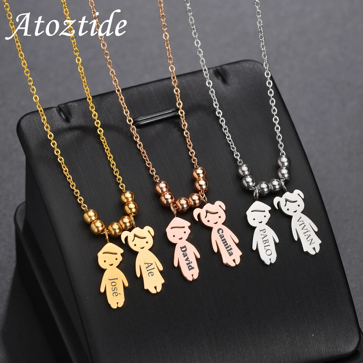 Atoztide Personalized Engrave Children Name Necklace Kids Pendant Stainless Steel for Boy Girl Family Link Chain Jewelry Gift